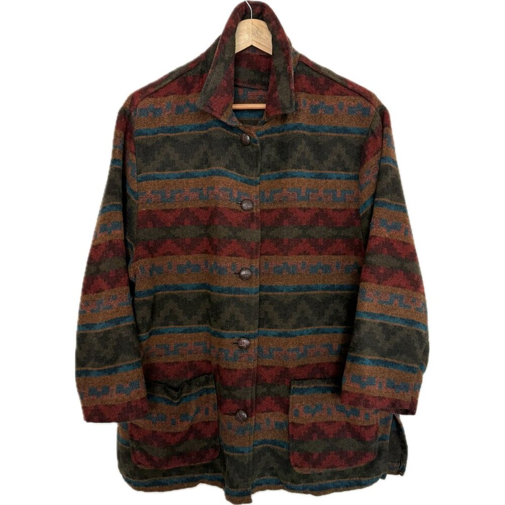 Vintage Aztec Jacket Women Large Petite Tan Red 90s Blanket Print Chore Coat